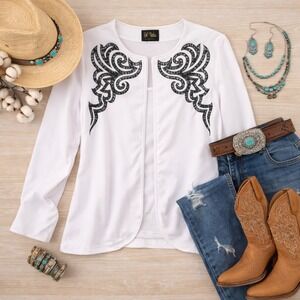 Wearable Art Embellished Jacket Womens‎ Size L White Open Front Cowgirl Layering